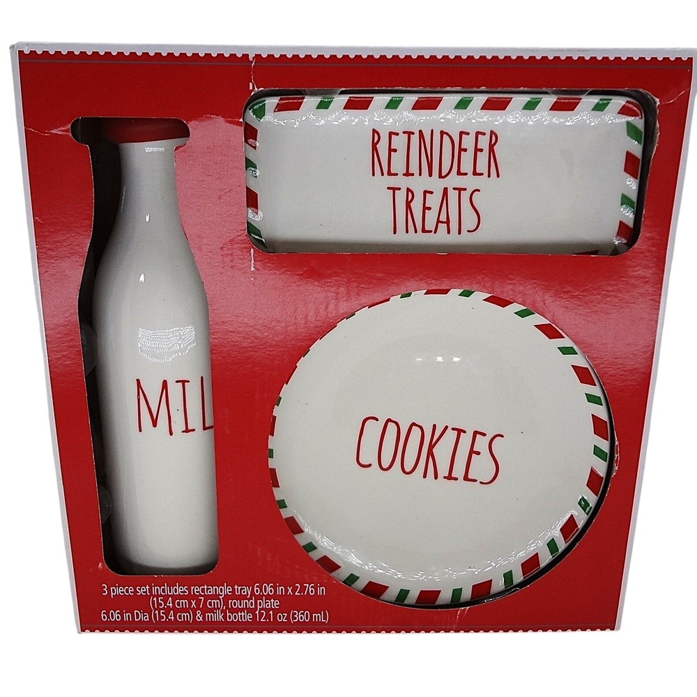 Holiday Time Santa 3 Piece Set Milk Cookies‎ Reindeer Treats Tray Plate Bottle